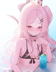 Rule 34 | 1girl, absurdres, ahoge, bare arms, bare shoulders, bikini, black bikini, black horns, blue archive, blush, closed mouth, collarbone, demon horns, drink, drinking straw, flat chest, highres, hina (blue archive), horns, long hair, looking at viewer, multiple horns, purple eyes, solo, swimsuit, white hair, yozora (1wkdgusdn)