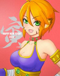 Rule 34 | 1girl, 2022, :d, animal ears, armlet, breasts, breath of fire, breath of fire ii, cat ears, chinese zodiac, cleavage, cleavage cutout, clothing cutout, commentary, english text, facial mark, fang, green eyes, halterneck, happy new year, highres, kanji, medium breasts, mizoochi, new year, open mouth, orange hair, pointy ears, purple shirt, red background, rinpoo chuan, shirt, short hair, sleeveless, sleeveless shirt, smile, solo, translated, upper body, year of the tiger