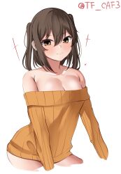 Rule 34 | 1girl, alternate costume, black hair, breasts, brown eyes, cleavage, cropped legs, dress, highres, kantai collection, medium breasts, off-shoulder dress, off shoulder, one-hour drawing challenge, orange dress, ribbed dress, sendai (kancolle), simple background, solo, sweater, sweater dress, tf cafe, twitter username, two side up, white background