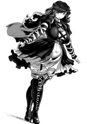 Rule 34 | 1girl, absurdres, blush, boots, enajii, frills, garter straps, gradient hair, greyscale, high heel boots, high heels, highres, looking at viewer, monochrome, multicolored hair, solo, thighhighs, thighs, touhou, white background