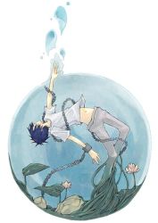 Rule 34 | androgynous, artist request, asphyxiation, blue hair, bubble, chain, cuffs, drowning, closed eyes, flower, gender request, pants, rock, shackles, short hair, transformation, underwater, water