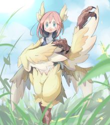 Rule 34 | 1girl, 4138, bad id, bad pixiv id, blue eyes, blush, claws, feather hair, feathered wings, feathers, harpy, head wings, highres, monster girl, open mouth, original, pink hair, short hair, solo, surprised, tank top, winged arms, wings, yellow feathers