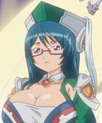 Rule 34 | 10s, blue hair, breasts, cardfight!! vanguard, cleavage, glass, hat, huge breasts, long hair, lowres, purple eyes, royal paladin, silent sage sharon