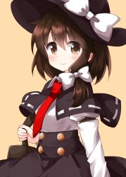 Rule 34 | 1girl, bag, black capelet, black hat, black skirt, bow, brown eyes, brown hair, buttons, capelet, closed mouth, fedora, hair bow, hat, hat bow, highres, juliet sleeves, long sleeves, looking at viewer, medium hair, necktie, puffy sleeves, red necktie, ribbon, ribbon-trimmed capelet, ruu (tksymkw), shirt, shoulder bag, side ponytail, simple background, skirt, smile, solo, standing, touhou, usami renko, white bow, white ribbon, white shirt, yellow background