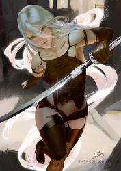 Rule 34 | 1girl, android, armlet, black gloves, black shorts, blue eyes, elbow gloves, gloves, holding, holding sword, holding weapon, joints, katana, long hair, nier (series), nier:automata, pink lips, robot joints, short shorts, shorts, silver hair, solo, sword, tank top, thighhighs, torn clothes, weapon, a2 (nier:automata), zumi (zumidraws)
