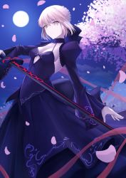 Rule 34 | 1girl, absurdres, artoria pendragon (all), artoria pendragon (fate), black choker, black skirt, blonde hair, blue sky, braid, breasts, cherry blossoms, choker, cleavage, closed mouth, collarbone, crown braid, excalibur morgan (fate), fate/stay night, fate (series), floating hair, full moon, hair between eyes, highres, holding, holding sword, holding weapon, layered skirt, long skirt, long sleeves, medium breasts, moon, night, okuma707, outdoors, saber alter, short hair, shrug (clothing), sideboob, skirt, skirt set, sky, solo, standing, sword, weapon, yellow eyes