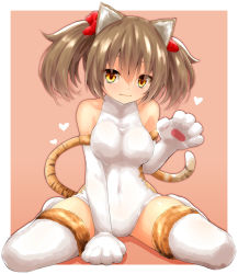 Rule 34 | 1girl, animal ears, animal hands, between legs, blush, bow, breasts, brown background, brown eyes, brown hair, closed mouth, commentary request, copyright request, elbow gloves, full body, fur-trimmed legwear, fur trim, gloves, hair between eyes, hair bow, hand between legs, heart, highres, large breasts, leotard, looking at viewer, paw gloves, red bow, shadow, sidelocks, sitting, smile, solo, striped tail, tail, thighhighs, tiger ears, tiger girl, tiger tail, twintails, two-tone background, wariza, watarui, white background, white gloves, white leotard, white thighhighs