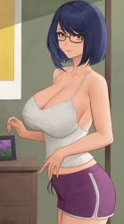 Rule 34 | 1girl, absurdres, bare shoulders, black hair, blush, breasts, camisole, cleavage, collarbone, contemporary, dolphin shorts, genshin impact, glasses, highres, kujou sara, large breasts, looking at viewer, short hair, shorts, solo, swept bangs, thighs, white camisole, yellow eyes, zaphn