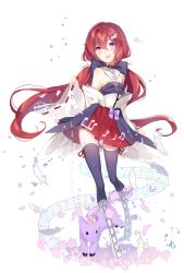 Rule 34 | bare shoulders, bow, commission, full body, hair ornament, hairclip, highres, japanese clothes, kimono, lilianei, long hair, looking at viewer, open mouth, original, purple eyes, red hair, skirt, smile, thighhighs, twintails, wings, yukata