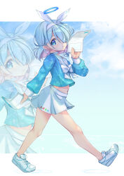 Rule 34 | 1girl, arona (blue archive), blue archive, blue hair, blue shirt, bow, bow hairband, braid, choker, colored inner hair, commentary request, full body, hair over one eye, hairband, halo, highres, looking at viewer, multicolored hair, paper, sailor collar, shirt, shoes, single braid, skirt, sneakers, solo, white bow, white choker, white footwear, white hairband, white sailor collar, white skirt, yashin (yasinz)