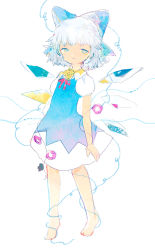 Rule 34 | 1girl, arms at sides, barefoot, blue dress, blue hair, cirno, dress, flower, full body, hair ribbon, half-closed eyes, hidden star in four seasons, ice, ice wings, light blue hair, looking at viewer, plant, puffy short sleeves, puffy sleeves, ribbon, shirt, short dress, short hair, short sleeves, simple background, solo, tanned cirno, touhou, tsukamoto anabone, vines, white background, white shirt, wings