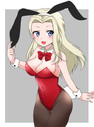 Rule 34 | 1girl, airi (akamichiaika), animal ears, black pantyhose, blonde hair, blue eyes, border, bow, bowtie, breasts, clara (girls und panzer), cleavage, commentary, covered navel, cowboy shot, detached collar, fake animal ears, fake tail, girls und panzer, grey background, highres, leotard, long hair, looking at viewer, medium breasts, one-hour drawing challenge, open mouth, pantyhose, playboy bunny, rabbit ears, rabbit tail, red bow, red bowtie, red leotard, smile, solo, standing, strapless, strapless leotard, tail, thigh gap, thighs, white border, wing collar, wrist cuffs