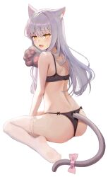 Rule 34 | 1girl, absurdres, animal ears, animal hands, bang dream!, black bra, black panties, bow, bra, cat ears, cat girl, cat paw, cat tail, fang, full body, gloves, grey hair, highres, kemonomimi mode, long hair, looking at viewer, mg omrc, minato yukina, panties, paw gloves, simple background, sitting, skin fang, sweat, tail, tail bow, tail ornament, thighhighs, underwear, white background, white thighhighs, yellow eyes