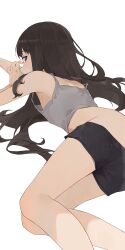 Rule 34 | 1girl, black hair, black shorts, camisole, commentary, grey camisole, highres, hiroki (yyqw7151), inoue takina, legs, long hair, looking at viewer, lycoris recoil, lying, on stomach, purple eyes, shorts, simple background, solo, thighs, white background