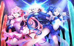Rule 34 | 10s, 2girls, alternate hairstyle, bare shoulders, beehive hairdo, blue eyes, blue hair, breasts, clothing cutout, contrast, detached sleeves, flower, garter belt, garter straps, hair flower, hair ornament, hieno hiro, kazanari tsubasa, long hair, looking at another, maria cadenzavna eve, medium breasts, midriff, multiple girls, navel, open mouth, outstretched arms, pink hair, ponytail, purple eyes, senki zesshou symphogear, side cutout, small breasts, smile, teeth, thighhighs, very long hair