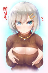 Rule 34 | 10s, 1girl, alternate costume, bad id, bad pixiv id, blue eyes, breasts, cleavage, cleavage cutout, clothing cutout, cyanomirahi, hair ornament, hair over one eye, hairclip, hamakaze (kancolle), kantai collection, large breasts, meme attire, open-chest sweater, ribbed sweater, short hair, silver hair, solo, sweater, turtleneck