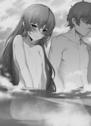 Rule 34 | 1boy, 1girl, blank eyes, blush, character request, closed mouth, commentary request, embarrassed, from side, greyscale, long hair, looking down, m-da s-tarou, monochrome, navel, nipples, nude, onsen, partially submerged, partially underwater shot, steam, tanaka the wizard, trap, underwater
