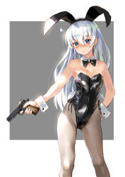 Rule 34 | 1girl, animal ears, black bow, black bowtie, black leotard, blue eyes, bow, bowtie, breasts, cleavage, commentary request, contrapposto, detached collar, fake animal ears, grey background, grey pantyhose, gun, hand on own hip, handgun, katahira masashi, leotard, looking at viewer, m1911, original, pantyhose, playboy bunny, rabbit ears, silver hair, small breasts, solo, standing, strapless, strapless leotard, two-tone background, weapon, white background, wrist cuffs