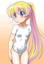 Rule 34 | 00s, 1girl, blonde hair, blue eyes, blush, child, collarbone, flat chest, flying sweatdrops, gradient background, gymnastics, leotard, long hair, looking to the side, multicolored background, orange background, pani poni dash!, pink background, ponytail, rebecca miyamoto, short sleeves, skin tight, solo, spandex, white background, white leotard, youkan