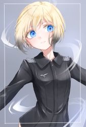 Rule 34 | 1girl, bad id, bad twitter id, blonde hair, blue eyes, bob cut, closed mouth, commentary, erica hartmann, eyes visible through hair, hair between eyes, highres, military, military uniform, sikisikisikibu, smile, solo, strike witches, uniform, world witches series