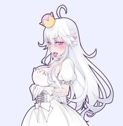 Rule 34 | 1girl, 45 (diagonal45angle), bad id, bad twitter id, black outline, blush, breasts, cleavage, crown, dress, gloves, hair between eyes, large breasts, long hair, looking at viewer, luigi&#039;s mansion, mario (series), new super mario bros. u deluxe, nintendo, outline, personification, pink eyes, princess king boo, purple background, sharp teeth, simple background, super crown, teeth, tongue, tongue out, upper body, white background, white dress, white hair