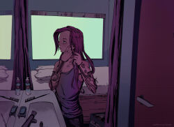 Rule 34 | 1boy, adjusting hair, arm tattoo, bed, comb, commentary, door, english commentary, expressionless, freckles, green eyes, hair down, highres, jojo no kimyou na bouken, long hair, male focus, mirror, pink hair, purple tank top, shih-na (artist), sink, soap, solo, tank top, tattoo, upper body, vento aureo, vinegar doppio, window