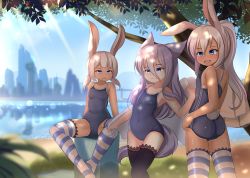 Rule 34 | 3girls, absurdres, animal ears, black legwear, blue sky, blurry, blurry background, blush, breasts, city, dappled sunlight, day, grey hair, hair between eyes, half-closed eyes, highres, hotel01, light rays, long hair, mole, mole under eye, multiple girls, open mouth, original, outdoors, pink hair, ponytail, rabbit ears, rabbit girl, rabbit tail, school swimsuit, short hair, sitting, sky, small breasts, smile, spread legs, standing, striped clothes, striped legwear, striped thighhighs, sunbeam, sunlight, swimsuit, tail, tan, tanline, thighhighs, towel, tree, water, wet, white hair, white thighhighs