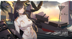 Rule 34 | 1girl, animal ears, atago (azur lane), azur lane, bird, black hair, blurry, blurry foreground, blush, breasts, brown eyes, building, closed mouth, cloud, dock, gloves, hair ornament, hair ribbon, highres, large breasts, long hair, looking at viewer, machinery, military, military uniform, miniskirt, mole, mole under eye, ocean, pandea work, ribbon, rigging, skirt, smile, solo, sunset, swept bangs, thighhighs, uniform, water