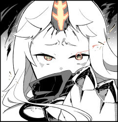 Rule 34 | 1girl, abyssal ship, claws, colored skin, flaming eye, horns, kantai collection, orange eyes, portrait, seaport princess, shiyoo, single horn, solo, white hair, white skin