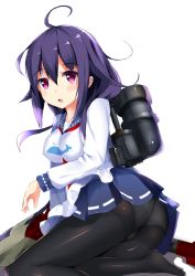 Rule 34 | 10s, 1girl, ahoge, bad id, bad pixiv id, black pantyhose, blush, breasts, crotch seam, henet hene, kantai collection, large breasts, long hair, looking at viewer, panties, panties under pantyhose, pantyhose, purple eyes, purple hair, simple background, solo, taigei (kancolle), torpedo, underwear, white background, white panties