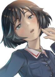Rule 34 | 1girl, absurdres, aqua eyes, black hair, bob cut, close-up, commentary, girls und panzer, grey jacket, hair between eyes, hand to head, head tilt, highres, jacket, kuroneko douji, long sleeves, looking at viewer, military, military uniform, ooarai military uniform, open mouth, parted lips, portrait, raised eyebrows, revision, short hair, simple background, solo, teeth, uniform, upper teeth only, utsugi yuuki, white background