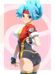 Rule 34 | 1girl, ass, black gloves, black leotard, blue hair, blush, breasts, closed mouth, commentary request, covered erect nipples, cowboy shot, creatures (company), cropped jacket, eyelashes, fingerless gloves, floating hair, framed, from behind, game freak, gloves, headband, highres, jacket, konpeto, leotard, long hair, looking at viewer, looking back, nintendo, orange eyes, parted bangs, pokemon, pokemon ranger, red headband, red jacket, short sleeves, smile, solana (pokemon), solo, thighhighs