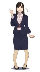 Rule 34 | 1girl, :3, black footwear, blue skirt, blue suit, blush, bow, bowtie, brown eyes, brown hair, business suit, commentary, dress shirt, formal, full body, ganbare douki-chan, happy, high heels, highres, kouhai-chan (douki-chan), lapels, long hair, long sleeves, looking at viewer, mary janes, mole, mole on cheek, name tag, notched lapels, pantyhose, pencil skirt, shirt, shoes, simple background, skirt, standing, straight hair, suit, thick eyebrows, translation request, white background, white bow, white bowtie, white shirt, wing collar, yomu (sgt epper)