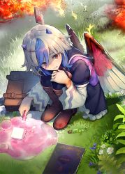 Rule 34 | 1girl, alchemy, bird wings, blue hair, boots, briefcase, commentary request, creature, dress, eho (icbm), fire, flower, frilled dress, frills, ghast, grass, head wings, highres, horns, light smile, long sleeves, minecraft, orange eyes, short hair, single head wing, slime (substance), squatting, tokiko (touhou), touhou, vial, white hair, wide sleeves, wings