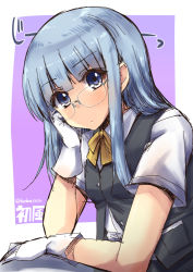 Rule 34 | 10s, 1girl, ascot, bespectacled, blouse, blue eyes, blue hair, character name, collared shirt, glasses, gloves, hand on own cheek, hand on own face, hatsukaze (kancolle), head rest, kantai collection, long hair, looking at viewer, matching hair/eyes, school uniform, serafuku, shinshin, shirt, short sleeves, solo, twitter username, vest, white shirt, white gloves