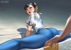 Rule 34 | 1boy, 1girl, ass, black hair, blue unitard, breasts, brown eyes, capcom, china dress, chinese clothes, chun-li, clothes lift, commentary, cunnilingus, cunnilingus through clothes, double bun, dress, drooling, earrings, elleciel.eud, english commentary, female ejaculation, female orgasm, fingering, fingering from behind, flexible, from behind, hair bun, hair ribbon, hetero, jewelry, kneepits, large breasts, mature female, on floor, open mouth, oral, orgasm, pelvic curtain, pelvic curtain lift, ribbon, rolling eyes, shadow, short hair, short sleeves, skin tight, solo focus, split, spread legs, straddle split, street fighter, street fighter 6, sweatdrop, swept bangs, textless version, thick thighs, thighs, torn clothes, torn unitard, translation request, twitter username, unitard, variant set, white dress, yellow ribbon