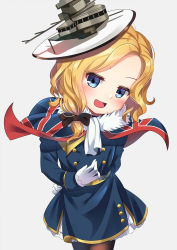 Rule 34 | 1girl, :d, aged down, azur lane, black bow, blonde hair, blue capelet, blue dress, blue eyes, blush, bow, brown pantyhose, capelet, commentary, dress, eyebrows hidden by hair, flag print, forehead, fur-trimmed capelet, fur trim, gloves, grey background, hair bow, hood (azur lane), ikazu401, long hair, long sleeves, looking at viewer, open mouth, pantyhose, parted bangs, print capelet, signature, sleeves past wrists, smile, solo, tilted headwear, union jack, white gloves, white headwear, white neckwear