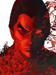 Rule 34 | 1boy, black hair, blue eyes, chiwa (cw1021), closed mouth, glowing, glowing eye, highres, looking at viewer, male focus, mishima kazuya, portrait, red theme, short hair, simple background, solo, tekken, white background