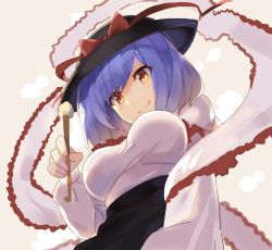 Rule 34 | 1girl, alternate eye color, beige background, black hat, black skirt, bow, breasts, capelet, commentary request, falken (yutozin), frilled capelet, frilled shawl, frills, from below, hat, hat bow, highres, holding, large breasts, long sleeves, looking at viewer, mimikaki, nagae iku, one-hour drawing challenge, purple hair, red bow, shawl, shirt, short hair, simple background, skirt, smile, solo, touhou, white capelet, white shirt, yellow eyes