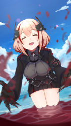 Rule 34 | 1girl, ^ ^, azur lane, black corset, black jacket, black skirt, blonde hair, blood, blue sky, breasts, closed eyes, cloud, commentary request, corset, cowboy shot, cropped jacket, cross, day, false smile, grey shirt, hair between eyes, headgear, highres, iron cross, jacket, large breasts, long sleeves, metal gloves, multicolored hair, ocean, open clothes, open jacket, open mouth, outdoors, partial commentary, pleated skirt, pool of blood, red hair, roon (azur lane), shirt, short hair, sidelocks, skirt, sky, smile, solo, splashing, standing, streaked hair, wading, yohia