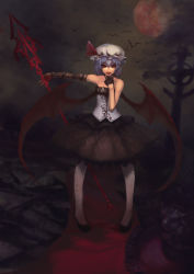 Rule 34 | 1girl, :p, absurdres, alternate costume, bare shoulders, bat (animal), blue hair, charimei, cross, dress, female focus, finger to mouth, fingerless gloves, full moon, gloves, hat, hat ribbon, highres, moon, night, outstretched arm, polearm, red eyes, red moon, remilia scarlet, ribbon, short hair, solo, spear, spear the gungnir, standing, tombstone, tongue, tongue out, touhou, vampire, weapon