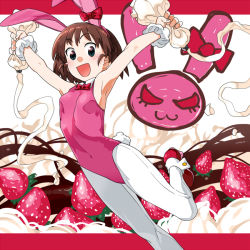 Rule 34 | 1girl, :d, animal ears, armpits, arms up, blue eyes, bow, bowtie, breasts, brown hair, collared leotard, commentary, covered navel, cream, ear ribbon, emblem, fake animal ears, food, fruit, girls und panzer, holding, holding food, leg up, leotard, letterboxed, open mouth, pantyhose, pink leotard, playboy bunny, rabbit, rabbit ears, rabbit tail, red footwear, sakaguchi karina, scrunchie, shoes, short hair, sleeveless, small breasts, smile, solo, standing, standing on one leg, strawberry, tail, tsuru (clainman), white pantyhose, white scrunchie, wing collar, wrist scrunchie