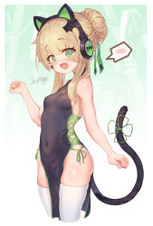 Rule 34 | 1girl, alternate costume, animal ears, arm up, ass, bare shoulders, black dress, blonde hair, blush, braid, breasts, cat ears, cat tail, china dress, chinese clothes, clenched hands, covered navel, dress, fake animal ears, girls&#039; frontline, green eyes, hair bun, headphones, highres, icenight, long hair, looking at viewer, no panties, open mouth, pelvic curtain, ribbon, shouting, single hair bun, sleeveless, sleeveless dress, small breasts, solo, spoken blush, tail, tears, thighhighs, thighs, tmp (girls&#039; frontline), white thighhighs