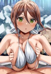 Rule 34 | 1boy, 1girl, 2023, absurdres, artist name, bare shoulders, belko, bikini, blurry, blurry background, blush, breasts, breasts squeezed together, brown hair, censored, cleavage, clothed female nude male, collarbone, dated, green eyes, hair between eyes, hair ribbon, hetero, highres, huge breasts, looking at viewer, miko-san (belko), mosaic censoring, nude, onsen, open mouth, original, outdoors, paizuri, penis, pov, ribbon, sidelocks, sign, solo focus, steam, sweat, swimsuit, white bikini