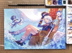 Rule 34 | 1girl, art tools in frame, black footwear, blue bow, blue hair, blue hat, blue jacket, bow, commentary, dyihil, furina (genshin impact), genshin impact, grey hair, hat, high heels, highres, holding, holding staff, jacket, multicolored hair, paintbrush, painting (medium), photo (medium), short hair, socks, staff, streaked hair, symbol-only commentary, thigh strap, top hat, traditional media, water, watercolor (medium), waves, white socks