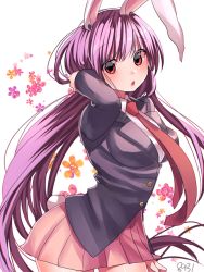 Rule 34 | 1girl, 8931ponzu, :o, animal ears, blazer, blush, breasts, cowboy shot, from side, jacket, long hair, long sleeves, looking at viewer, looking to the side, medium breasts, miniskirt, necktie, open clothes, open jacket, pink skirt, pleated skirt, purple hair, rabbit ears, rabbit girl, rabbit tail, red eyes, red necktie, reisen udongein inaba, skirt, solo, tail, touhou, very long hair