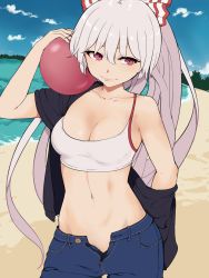 Rule 34 | 1girl, alternate costume, arm up, ball, bare shoulders, black jacket, blue sky, bow, breasts, camisole, casual, cleavage, cloud, collarbone, commentary request, contemporary, cowboy shot, crop top, day, denim, fujiwara no mokou, groin, hair bow, highres, holding, holding ball, jacket, jeans, lips, long hair, looking at viewer, marsen, medium breasts, midriff, navel, off shoulder, open clothes, open fly, open jacket, outdoors, pants, ponytail, red eyes, sand, short sleeves, silver hair, sky, smile, solo, spaghetti strap, standing, stomach, touhou, unbuttoned, unzipped, very long hair, water, white bow