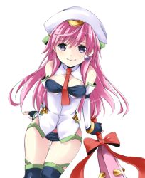 Rule 34 | 00s, 1girl, bad id, bad pixiv id, bare shoulders, blue eyes, bow, breasts, chaos;head, detached sleeves, earrings, female focus, fingerless gloves, gloves, hat, jewelry, long hair, mace, necktie, pink hair, richard, seira orgel, simple background, single earring, smile, solo, thighhighs, weapon, white background