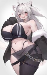 Rule 34 | 1girl, absurdres, ahoge, alternate breast size, animal ear fluff, animal ears, bare shoulders, belt, black panties, blush, breasts, cleavage, curvy, detached sleeves, fang, fur-trimmed jacket, fur trim, grey eyes, hair ornament, highres, hololive, huge breasts, jacket, kyuuri24, lion ears, lion girl, lion tail, long hair, looking at viewer, navel, o-ring, o-ring thigh strap, open clothes, open jacket, open mouth, panties, shirt, shishiro botan, shishiro botan (1st costume), simple background, single detached sleeve, single thighhigh, snout, solo, tail, thigh strap, thighhighs, underwear, virtual youtuber, white background, zipper