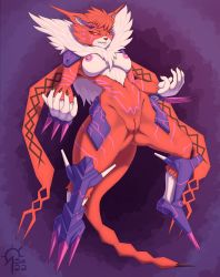 Rule 34 | + +, 10s, 1girl, absurdres, armor, breasts, claws, digimon, digimon adventure tri., fangs, fur collar, furry, furry female, glowing, glowing markings, highres, meicrackmon vicious mode, navel, neon trim, nipples, pussy, red eyes, sacrificabominat, sharp nails, shoulder armor, thighs, uncensored, wide hips